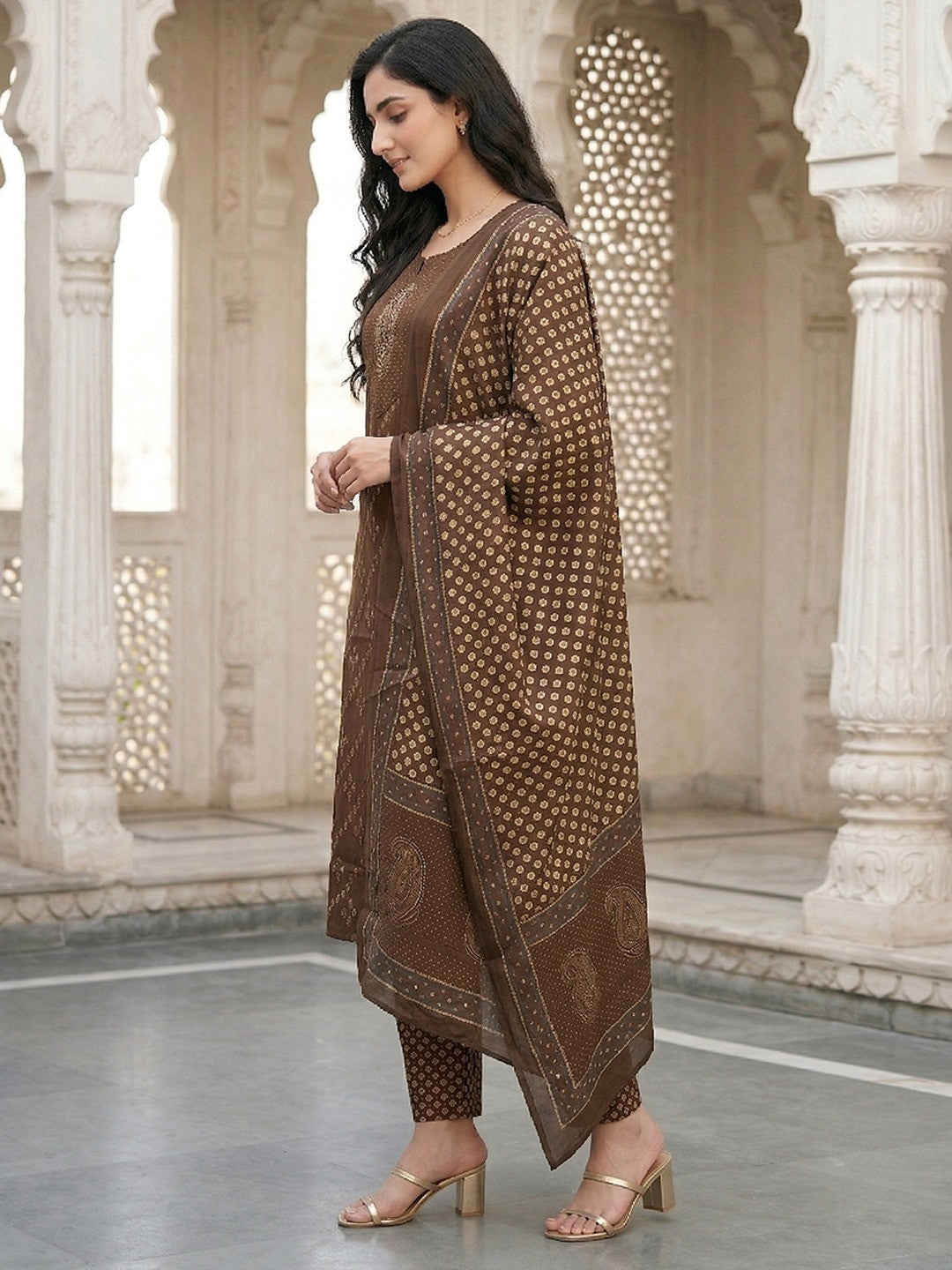 Brown Paisley Printed Pure Cotton Salwar Suit Set with Traditional Design - Image 4
