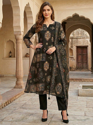 Black Floral Print Mul Chanderi Straight Fit Salwar Suit for Modern Ethnic Fashion - Image 1