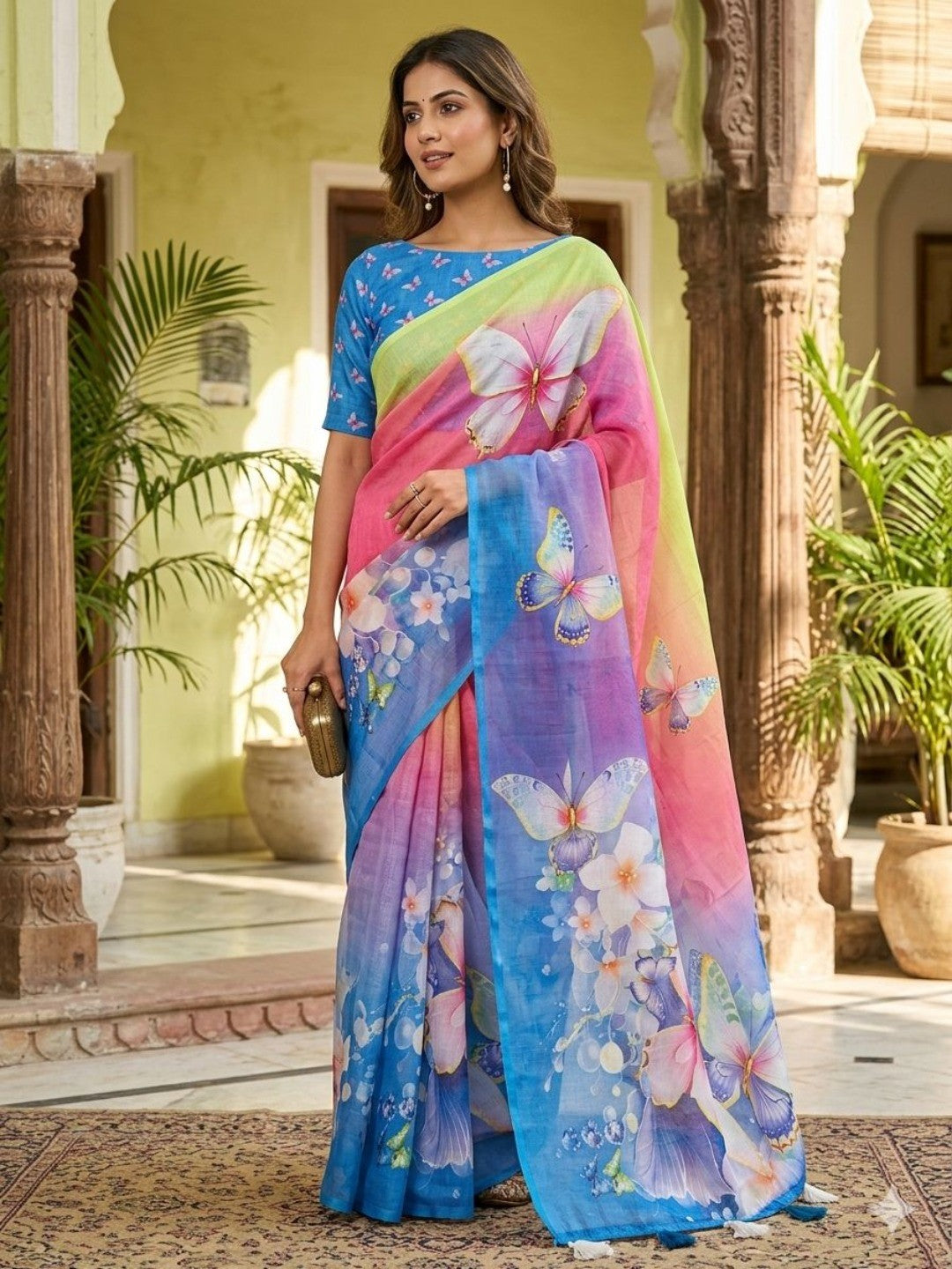 Luxe Multicolor Pastel Ombre Saree With Floral Digital Print & Butterfly Accent Work - Image 1
