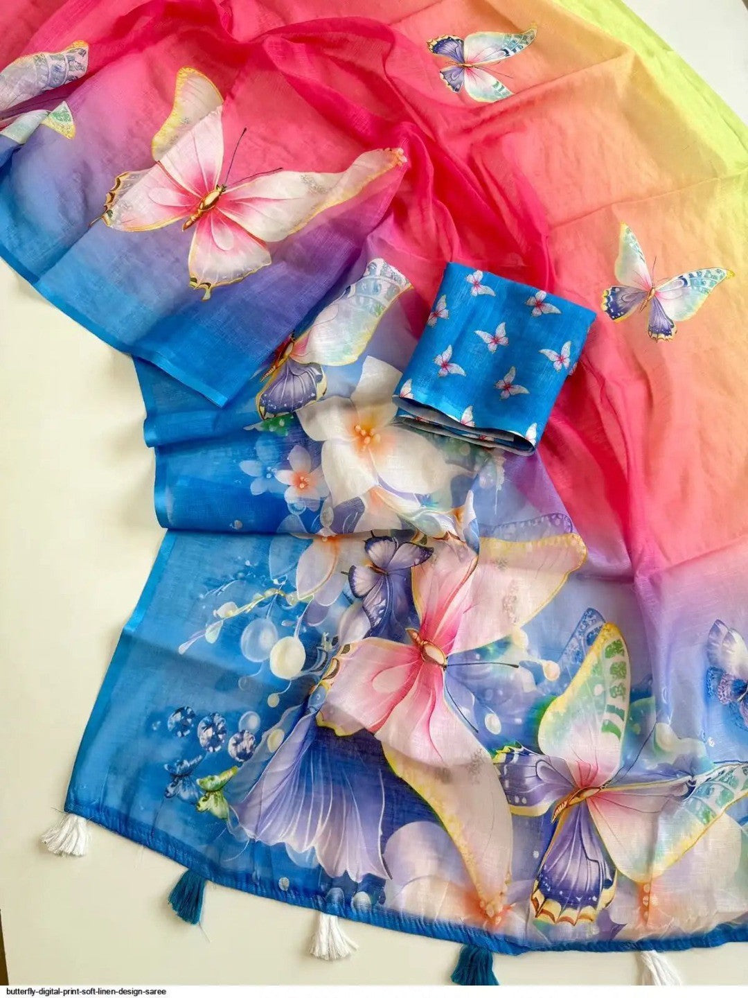 Luxe Multicolor Pastel Ombre Saree With Floral Digital Print & Butterfly Accent Work - Image 2