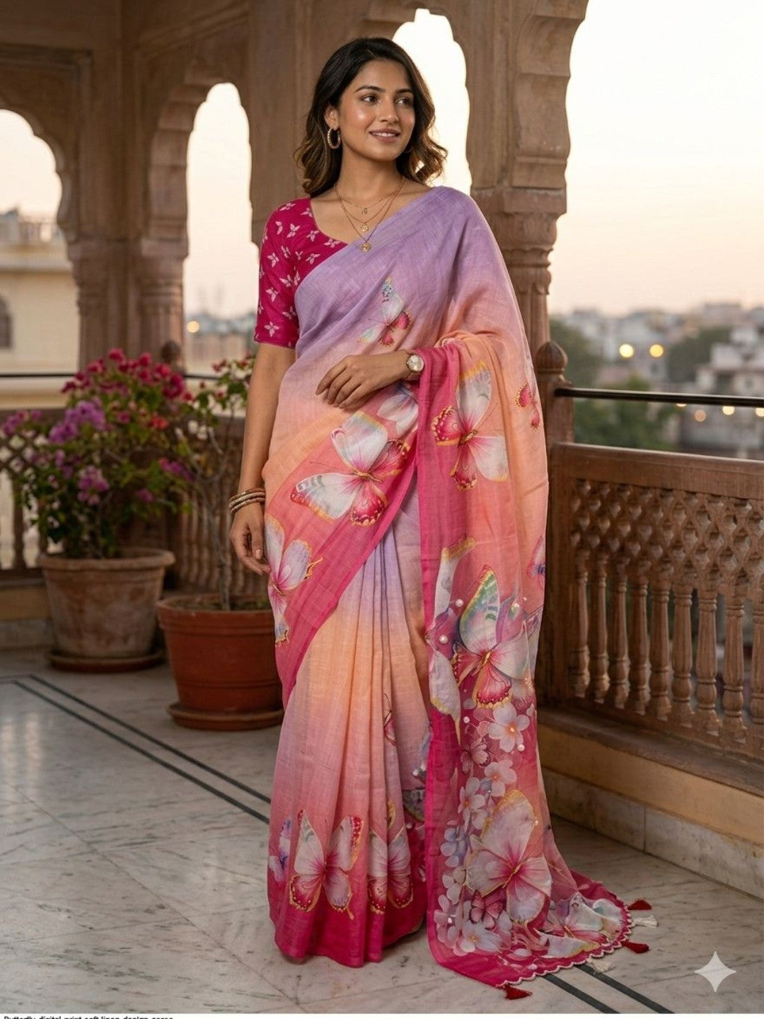 Radiant Multicolor Contemporary Ombre Floral Printed Saree With Butterfly Design Work - Image 1