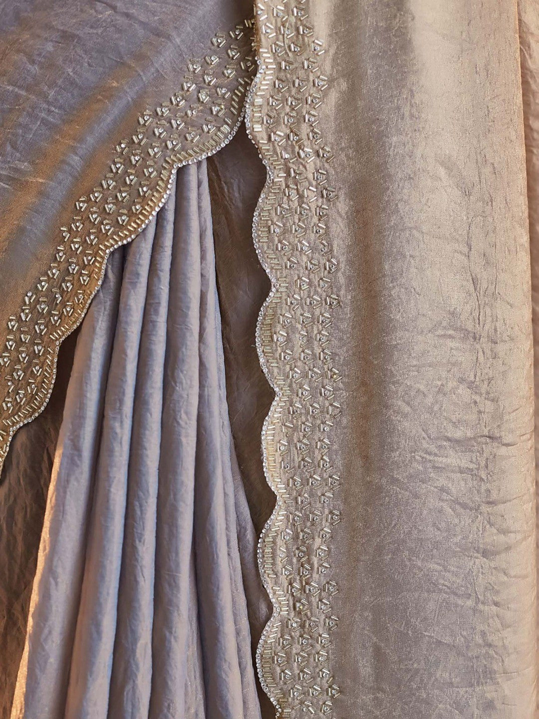 Taupe Satin Saree with Handcrafted Stone Work Embellished Border - Image 3