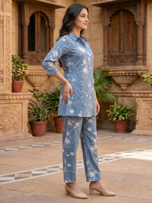 Blue Pure Cotton Co-Ord Set with Modern Abstract Print Pattern - Image 2