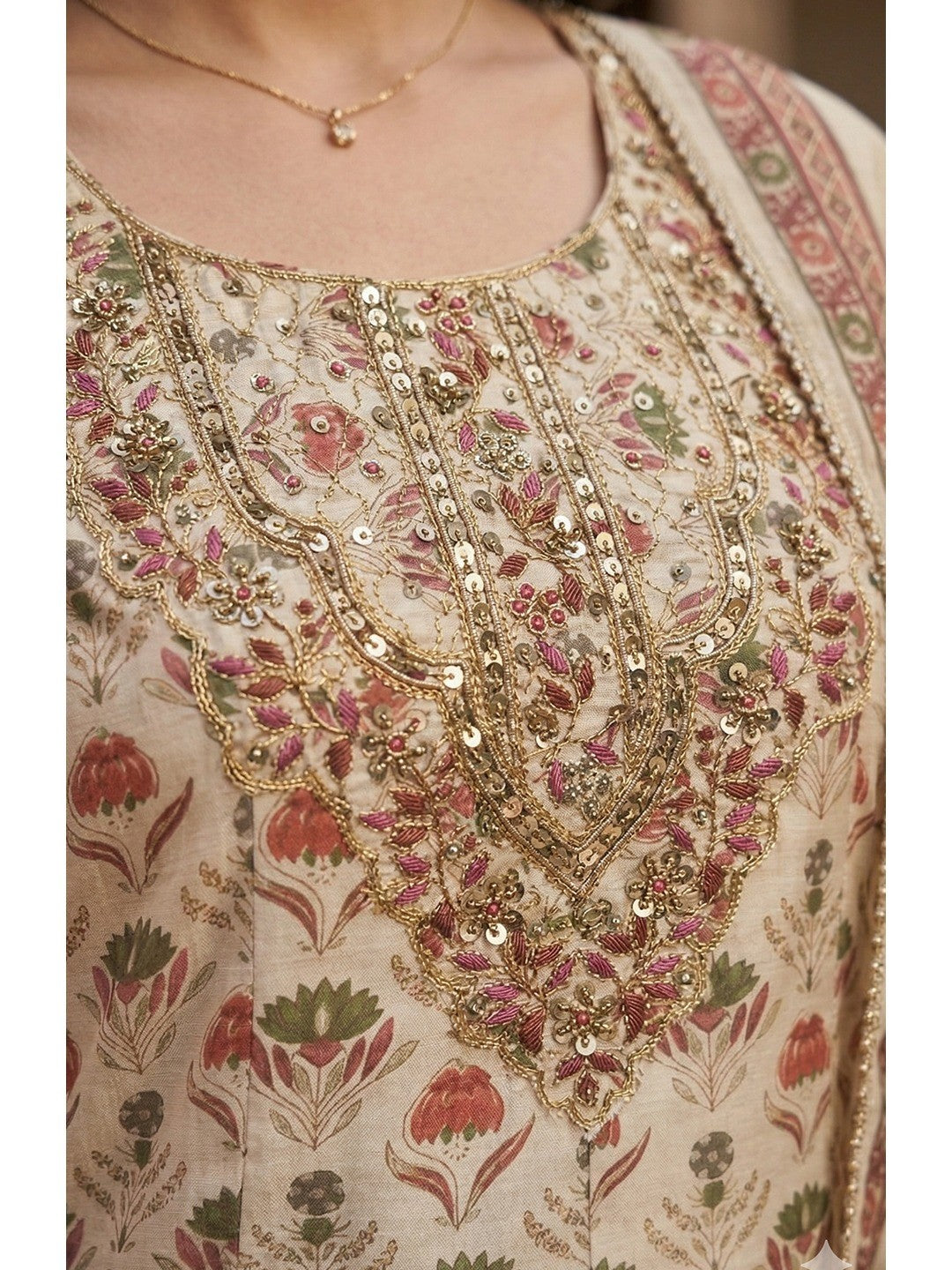 Offwhite Floral Chanderi A-Line Salwar Suit Set with Embroidered Neckline - Image 4