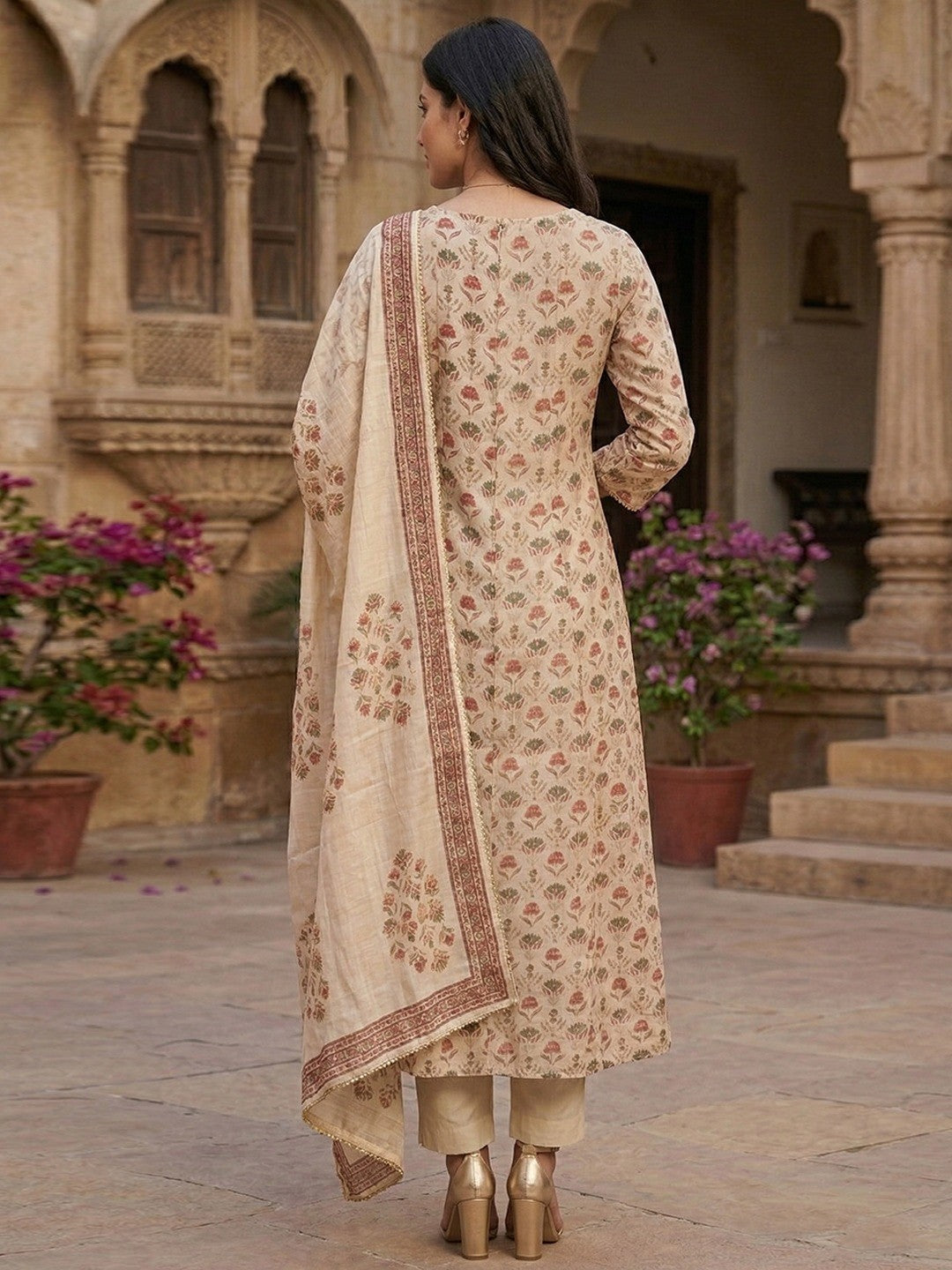 Offwhite Floral Chanderi A-Line Salwar Suit Set with Embroidered Neckline - Image 3