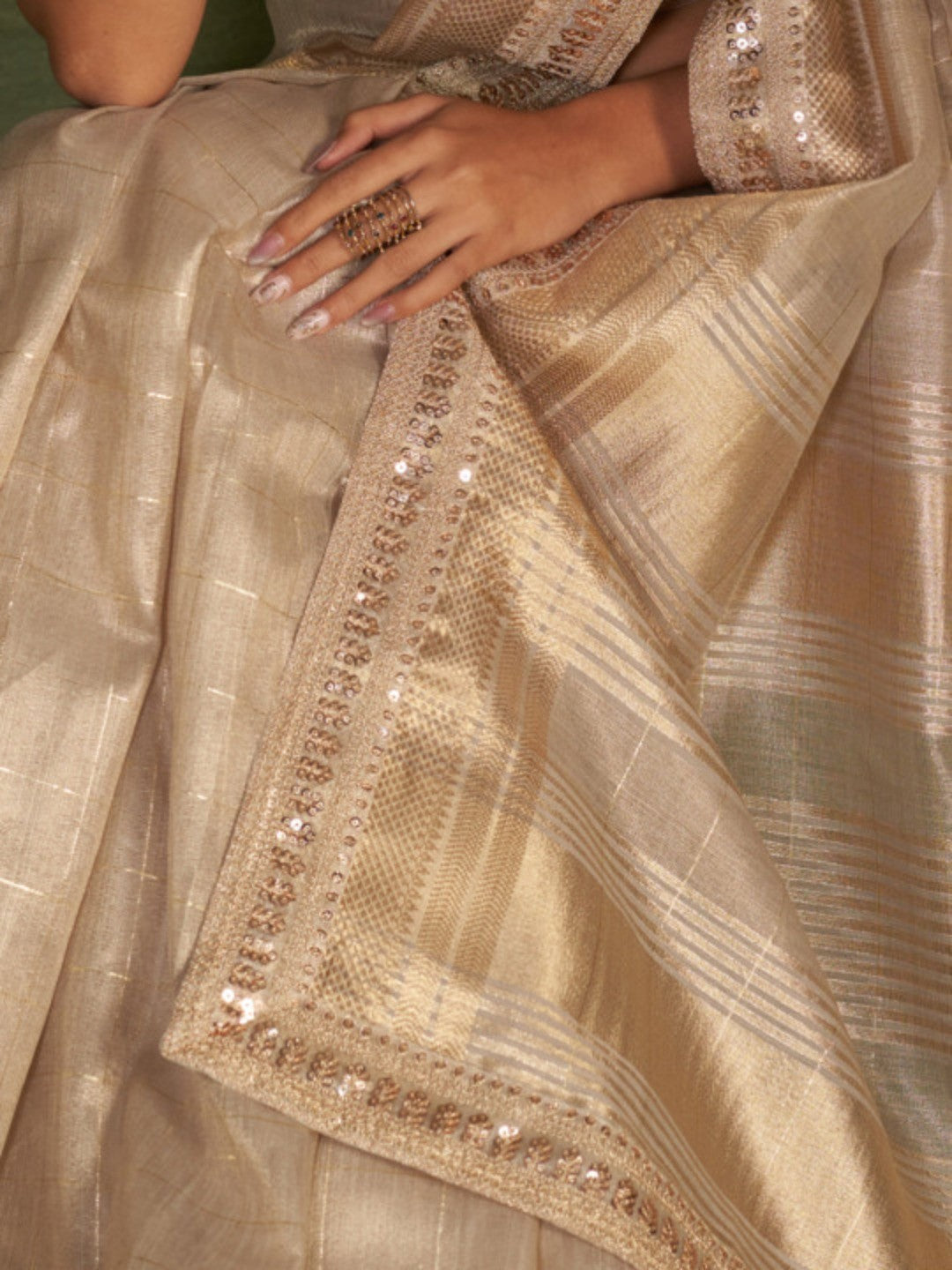 Graceful Golden Beige Kota Doria Saree with Delicate Golden Highlights for Festive - Image 3