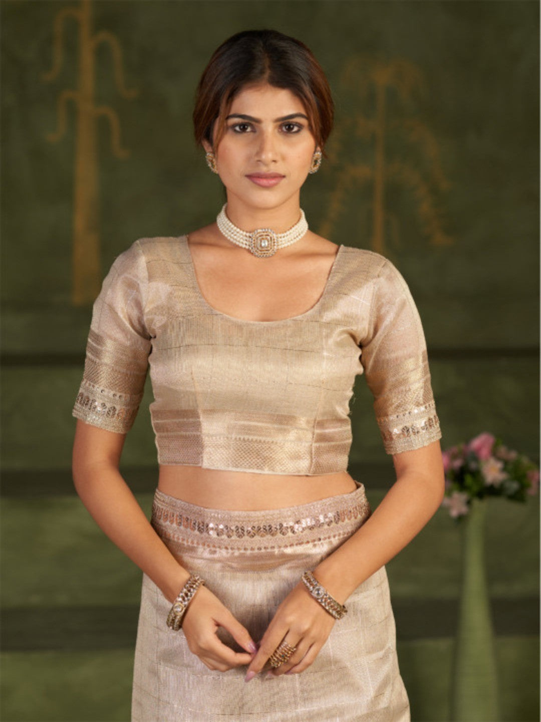 Graceful Golden Beige Kota Doria Saree with Delicate Golden Highlights for Festive - Image 2