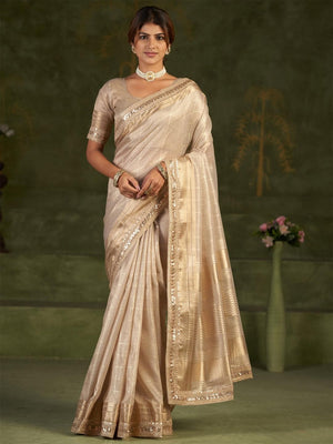 Graceful Golden Beige Kota Doria Saree with Delicate Golden Highlights for Festive - Image 1