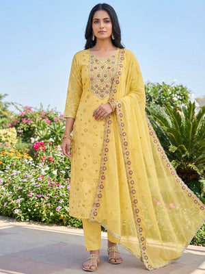 Elegant Yellow Chanderi Cotton Dress Material with Embroidery - Image 1