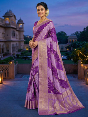 Purple Dola Silk Saree with Bandhani Print and Zari Border - Image 1