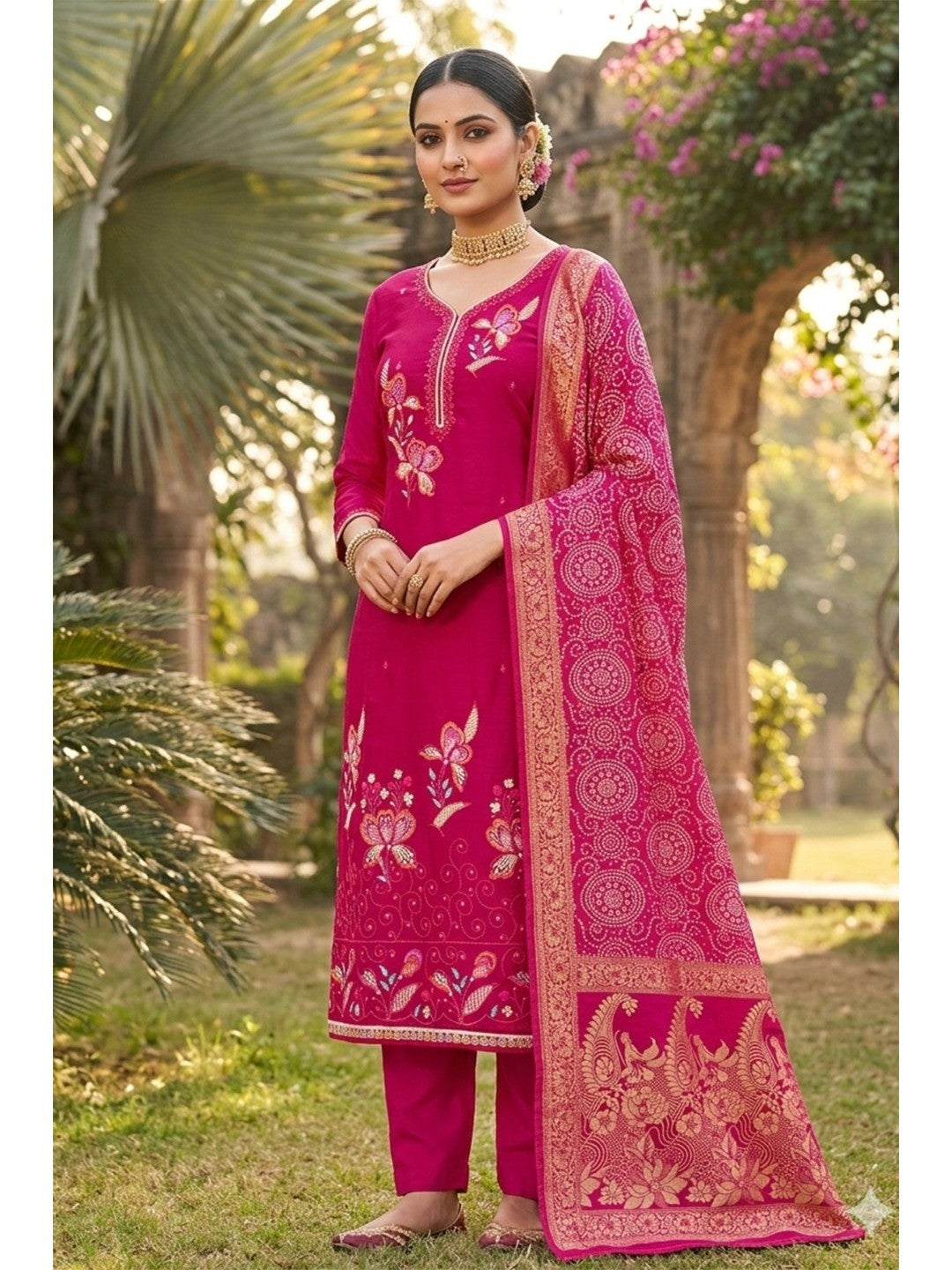 Pink Viscose Unstitched Suit Material with Elegant Floral Embroidery Work - Image 2