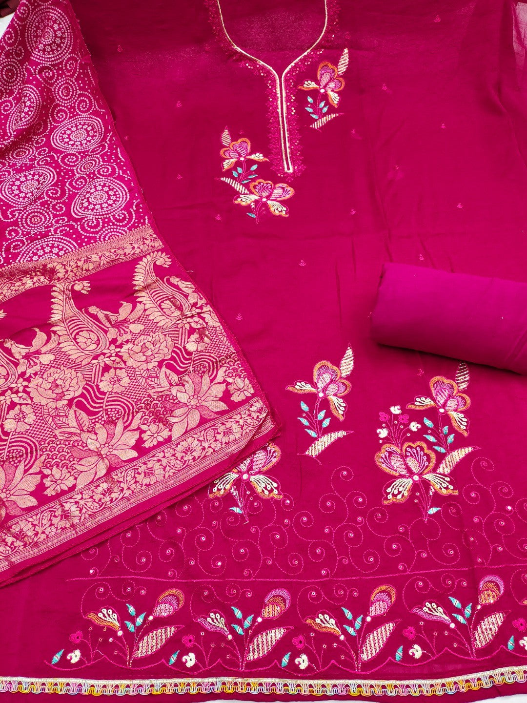 Pink Viscose Unstitched Suit Material with Elegant Floral Embroidery Work - Image 3