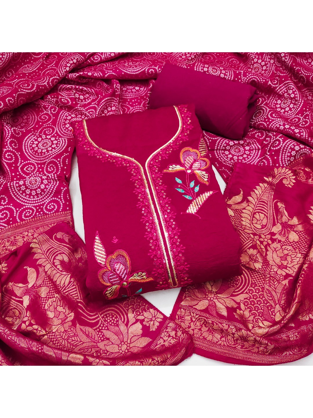Pink Viscose Unstitched Suit Material with Elegant Floral Embroidery Work - Image 1