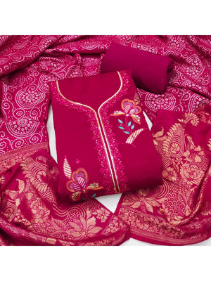 Pink Viscose Unstitched Suit Material with Elegant Floral Embroidery Work - Image 1
