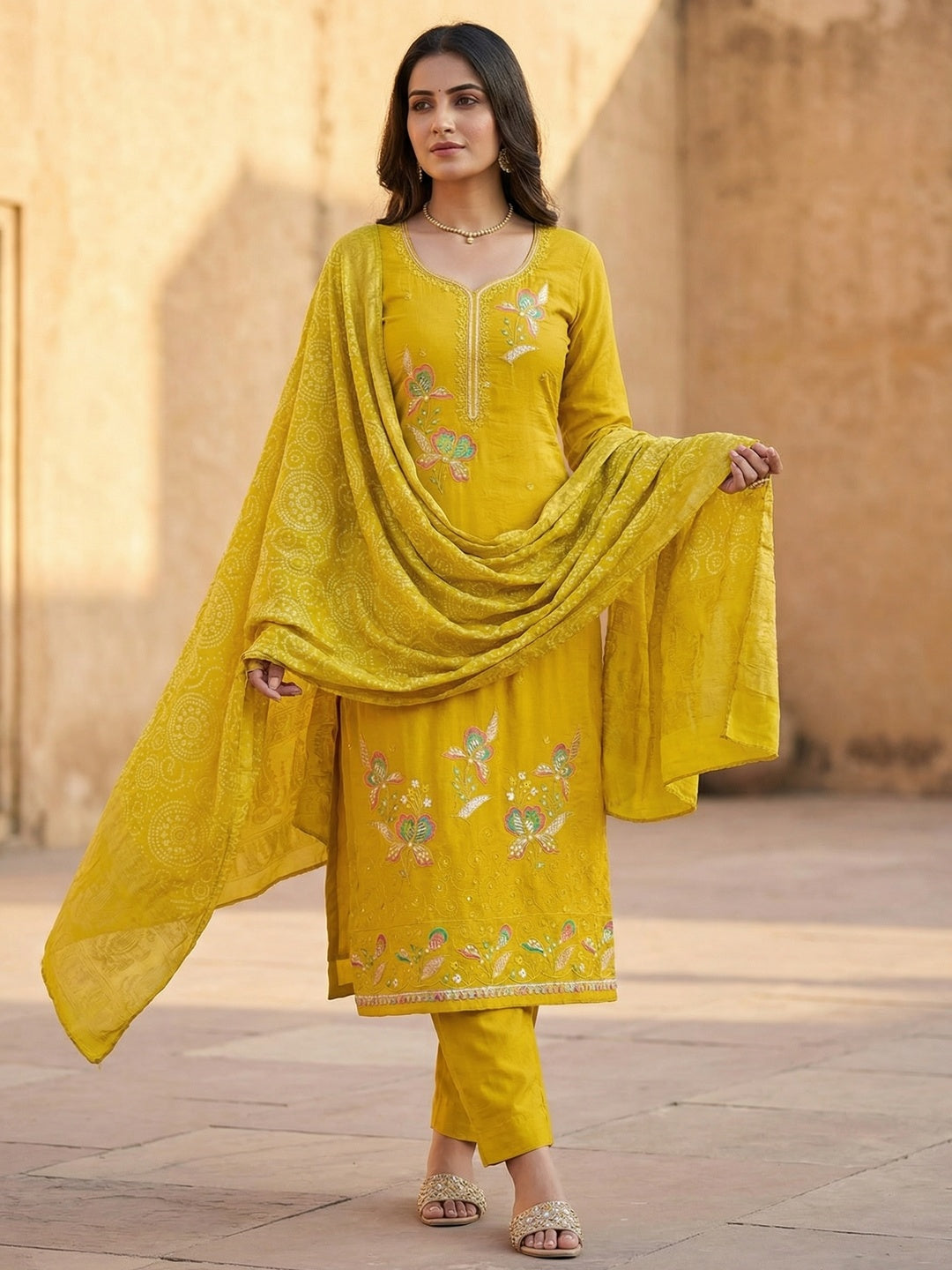 Yellow Viscose Unstitched Suit Material with Elegant Floral Embroidery Work - Image 2
