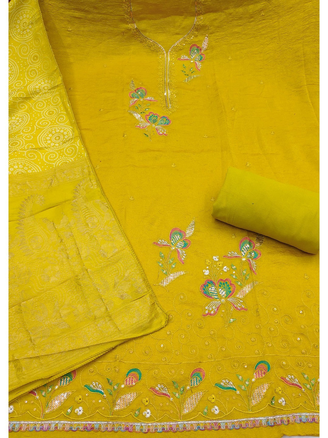 Yellow Viscose Unstitched Suit Material with Elegant Floral Embroidery Work - Image 4