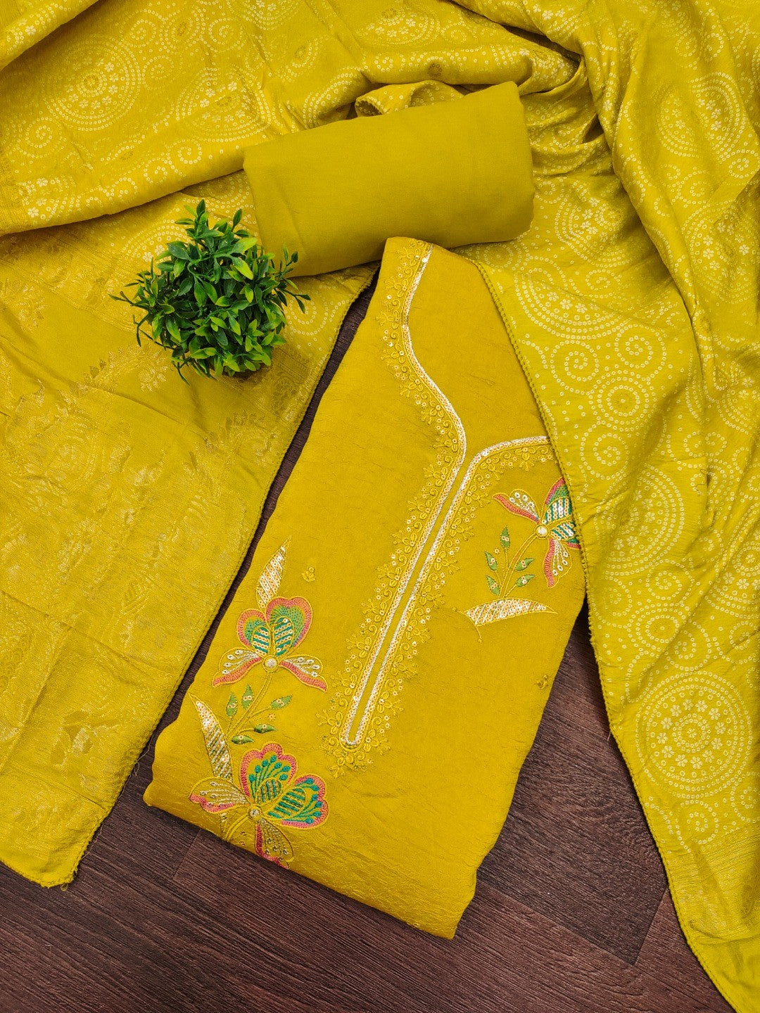 Yellow Viscose Unstitched Suit Material with Elegant Floral Embroidery Work - Image 3