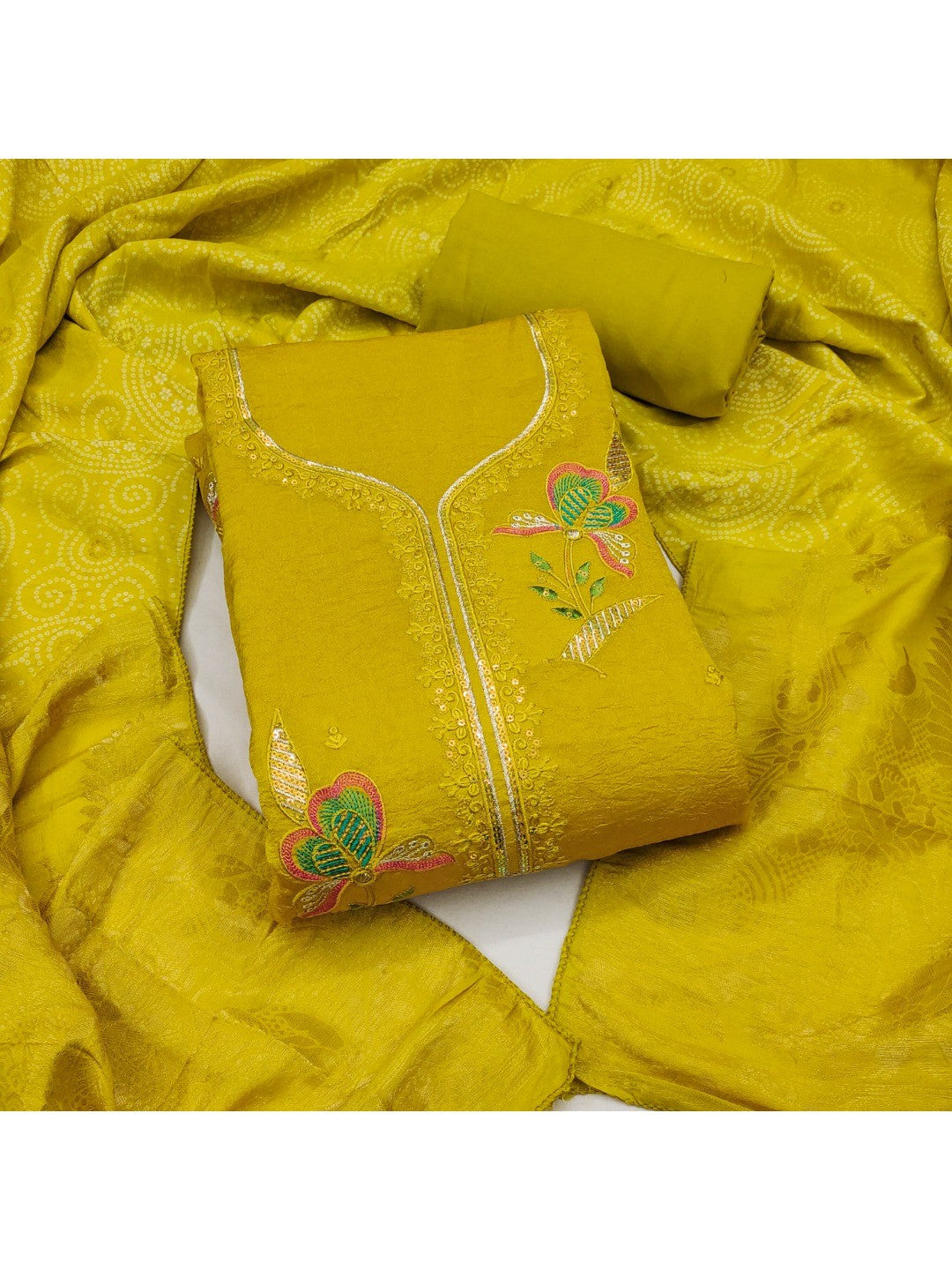 Yellow Viscose Unstitched Suit Material with Elegant Floral Embroidery Work - Image 1
