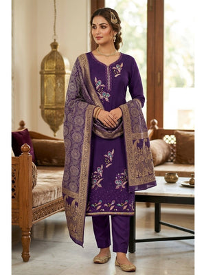 Violet Viscose Unstitched Suit Material with Elegant Floral Embroidery Work - Image 2