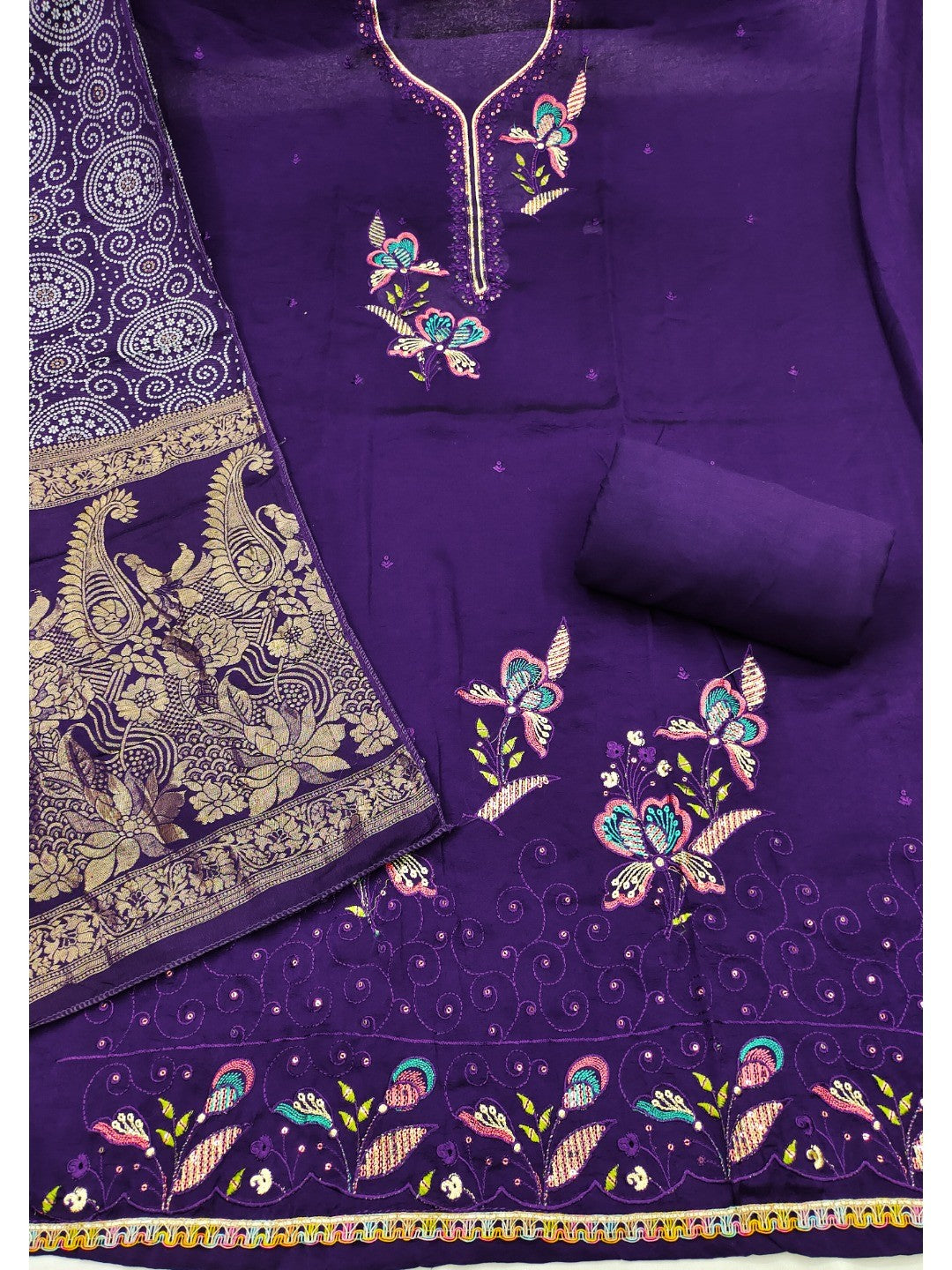Violet Viscose Unstitched Suit Material with Elegant Floral Embroidery Work - Image 4