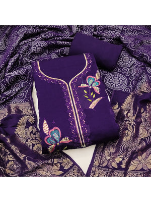 Violet Viscose Unstitched Suit Material with Elegant Floral Embroidery Work - Image 1