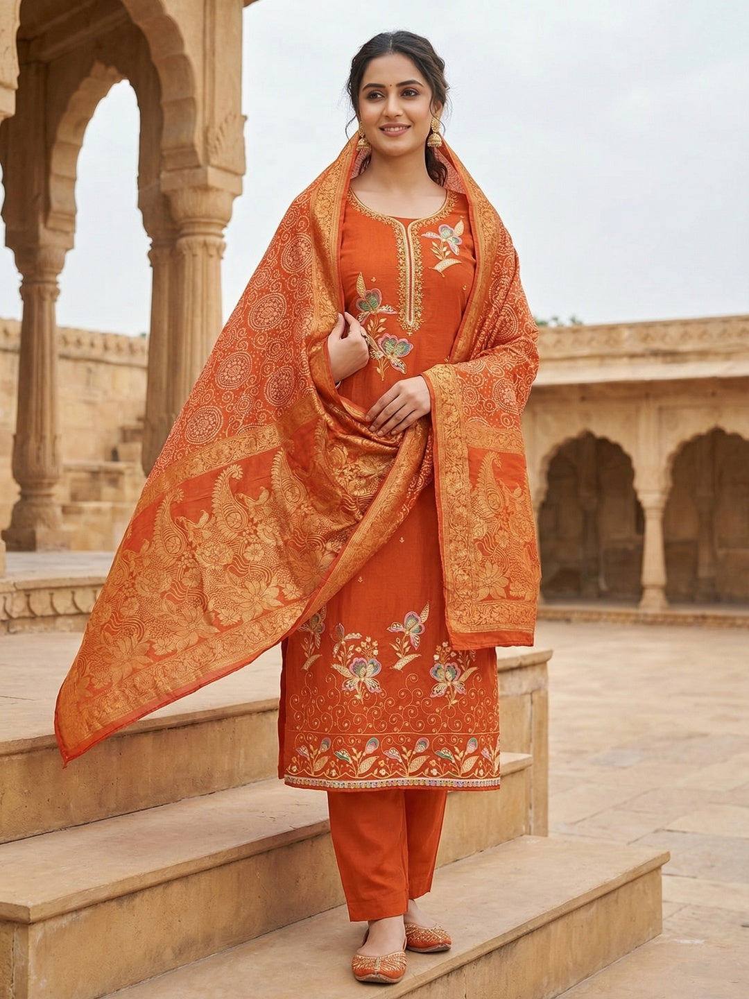Orange Viscose Unstitched Suit Material with Elegant Floral Embroidery Work - Image 2