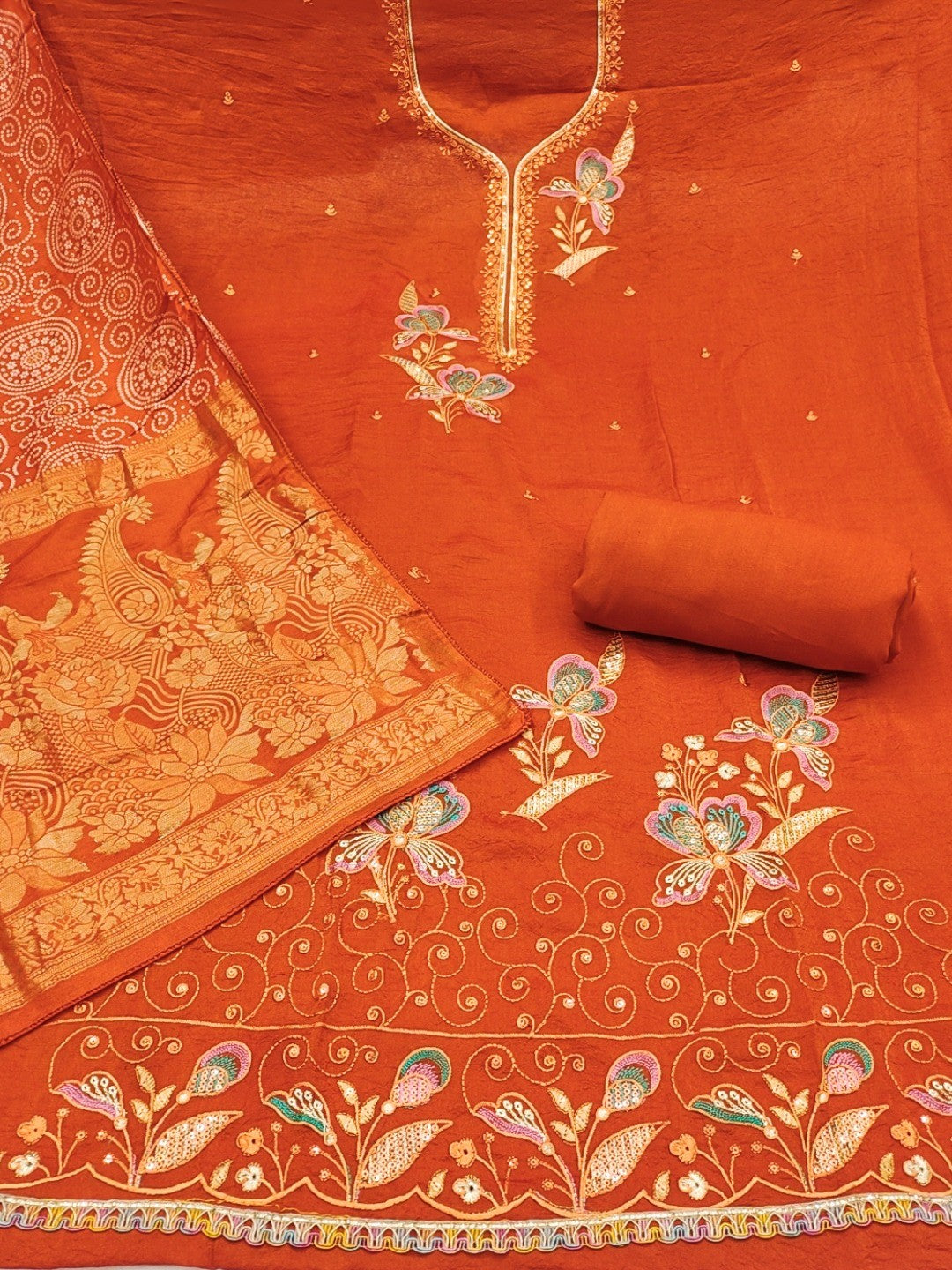 Orange Viscose Unstitched Suit Material with Elegant Floral Embroidery Work - Image 3