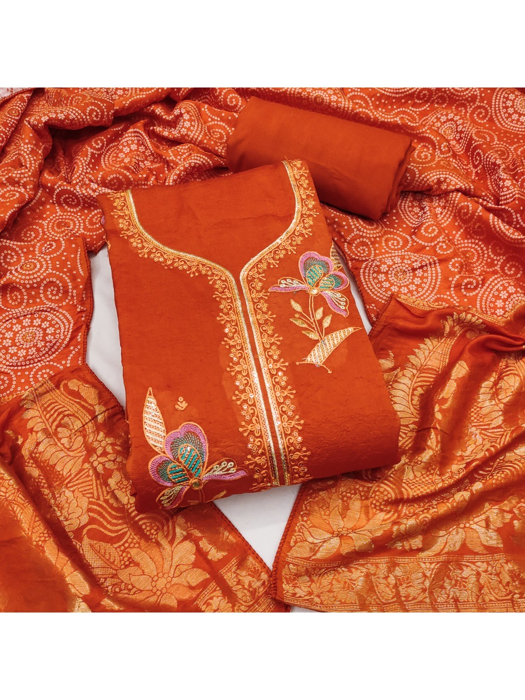 Orange Viscose Unstitched Suit Material with Elegant Floral Embroidery Work - Image 1