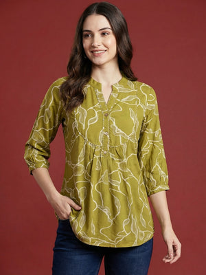 Olive Rayon Top with Abstract Print and Mandarin Collar - Image 1