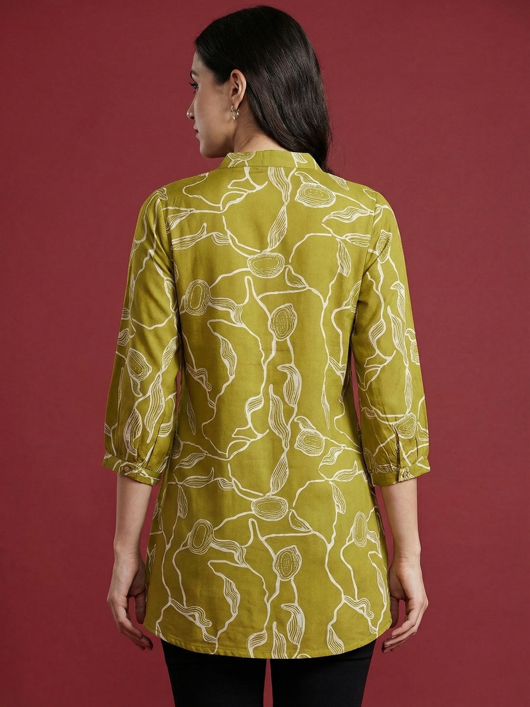Olive Rayon Top with Abstract Print and Mandarin Collar - Image 3