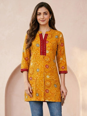 Mustard Bandhani Printed Rayon A-Line Top with Mandarin Collar - Image 1
