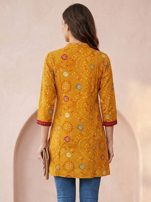 Mustard Bandhani Printed Rayon A-Line Top with Mandarin Collar - Image 2