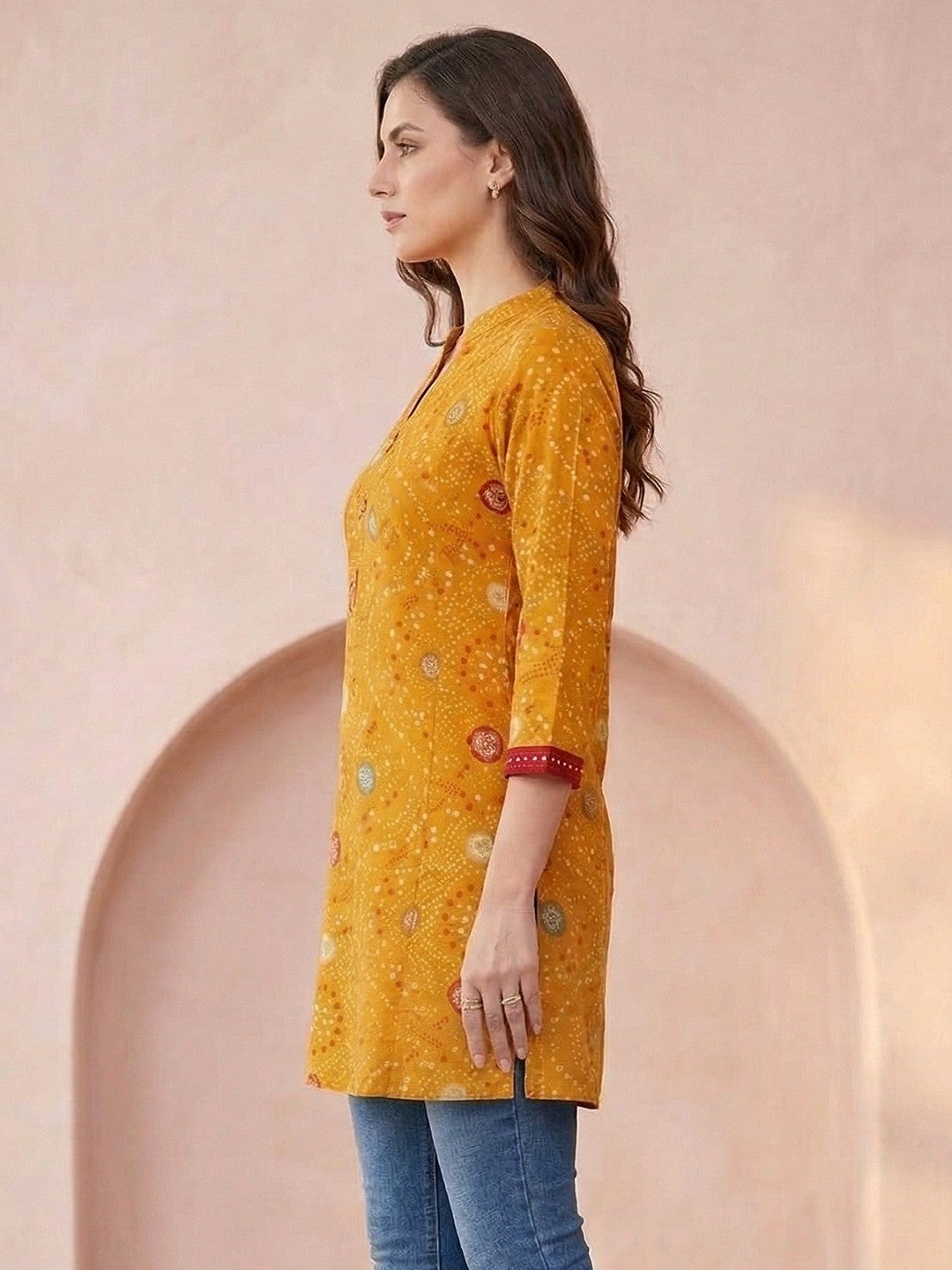 Mustard Bandhani Printed Rayon A-Line Top with Mandarin Collar - Image 2