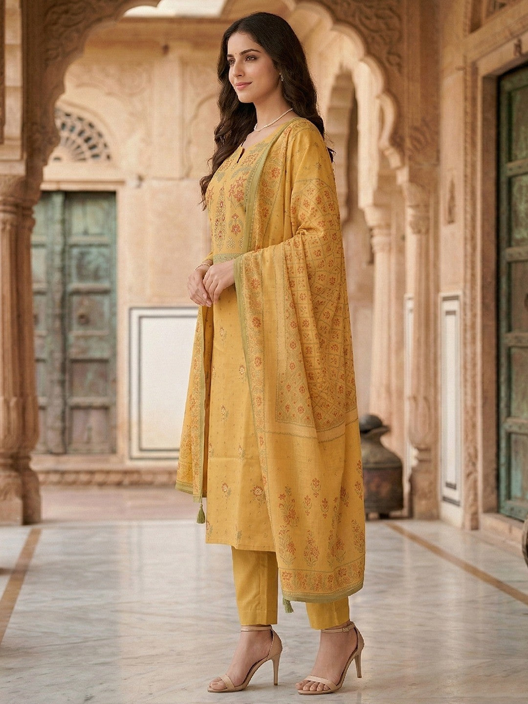 Ethnic Mustard Floral Printed Pure Cotton Straight Fit Kurta Salwar Set with Dupatta - Image 2