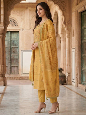 Ethnic Mustard Floral Printed Pure Cotton Straight Fit Kurta Salwar Set with Dupatta - Image 2