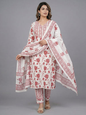 White Floral Printed Pure Cotton Salwar Suit with Dupatta - Image 1