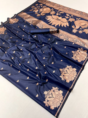 Graceful Dark Blue Lotus Design Art Silk Saree Adorned With Rich Zari Weaving Work - Image 1