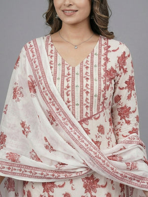 White Floral Printed Pure Cotton Salwar Suit with Dupatta - Image 2