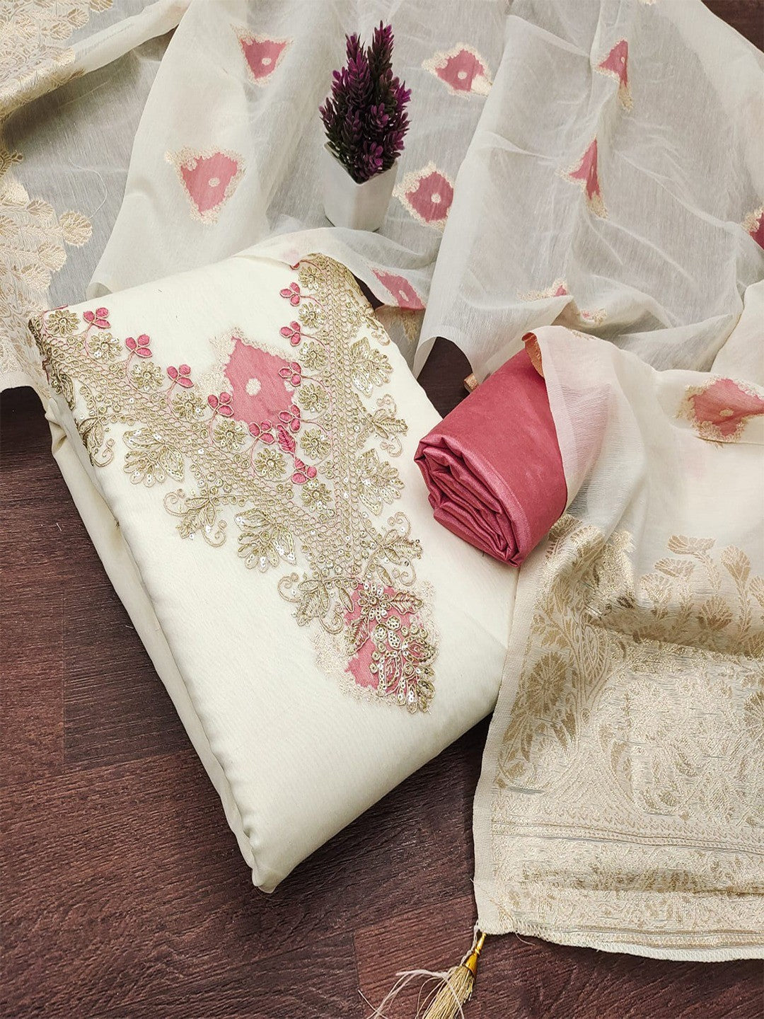 Graceful Cream & Pink Floral Woven With Sequins Cording Embroidery Mulmul Cotton Dress Material - Image 6