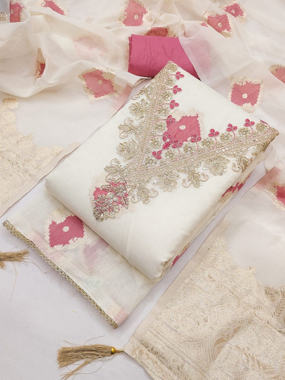 Graceful Cream & Pink Floral Woven With Sequins Cording Embroidery Mulmul Cotton Dress Material - Image 3