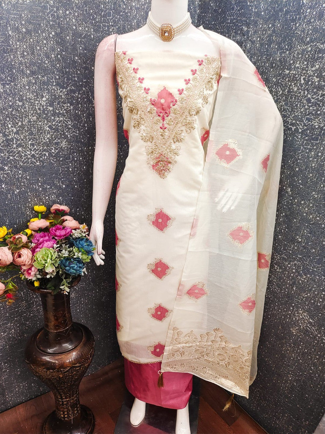 Graceful Cream & Pink Floral Woven With Sequins Cording Embroidery Mulmul Cotton Dress Material - Image 4