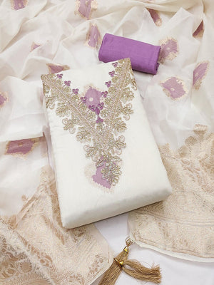 Graceful Cream & Lavender 'Floral Woven With Sequins Cording Embroidery Mulmul Cotton Dress Material - Image 1