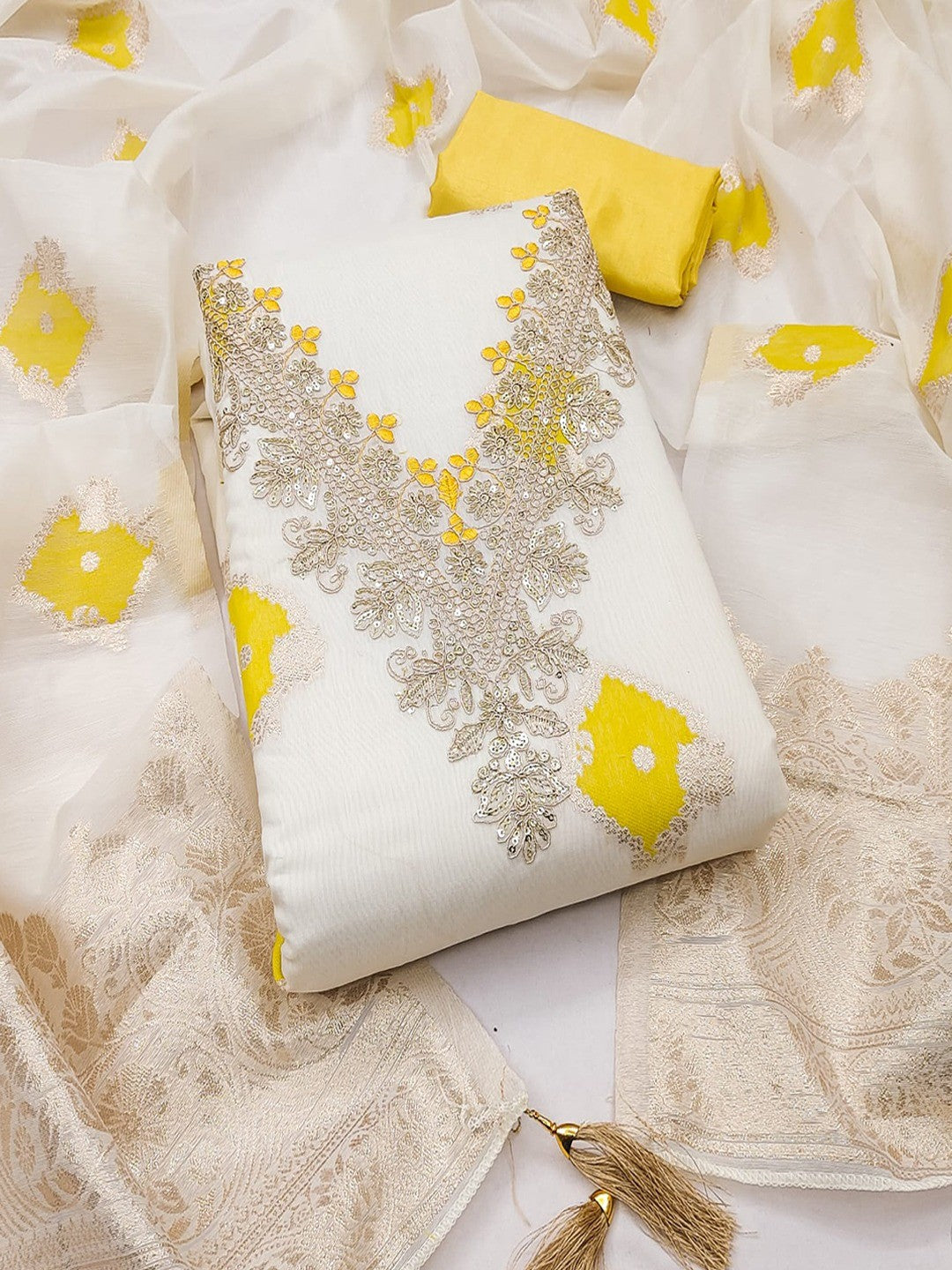 Graceful Cream & Yellow Floral Woven With Sequins Cording Embroidery Mulmul Cotton Dress Material - Image 6