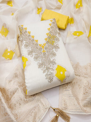 Graceful Cream & Yellow Floral Woven With Sequins Cording Embroidery Mulmul Cotton Dress Material - Image 1
