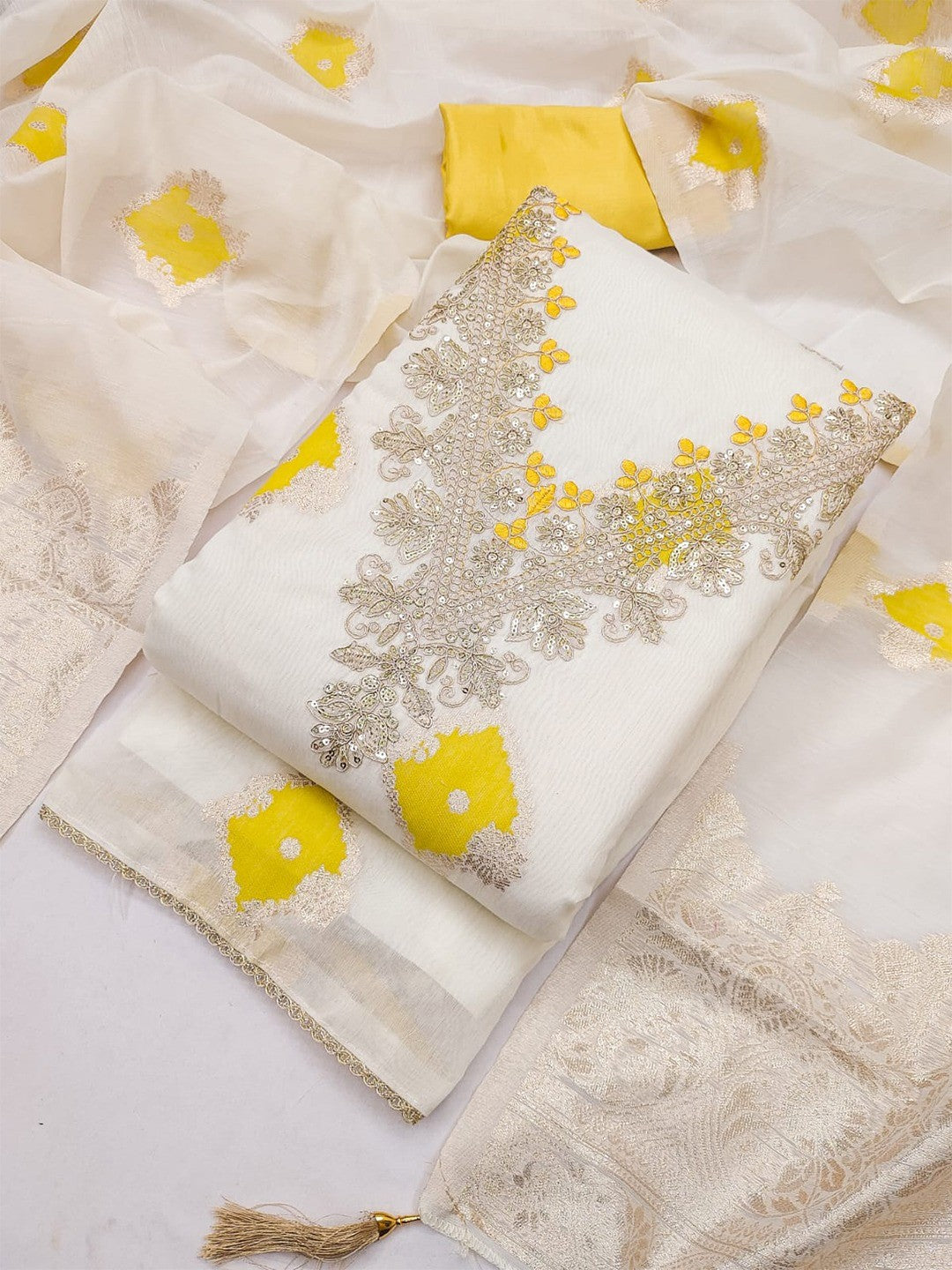 Graceful Cream & Yellow Floral Woven With Sequins Cording Embroidery Mulmul Cotton Dress Material - Image 4