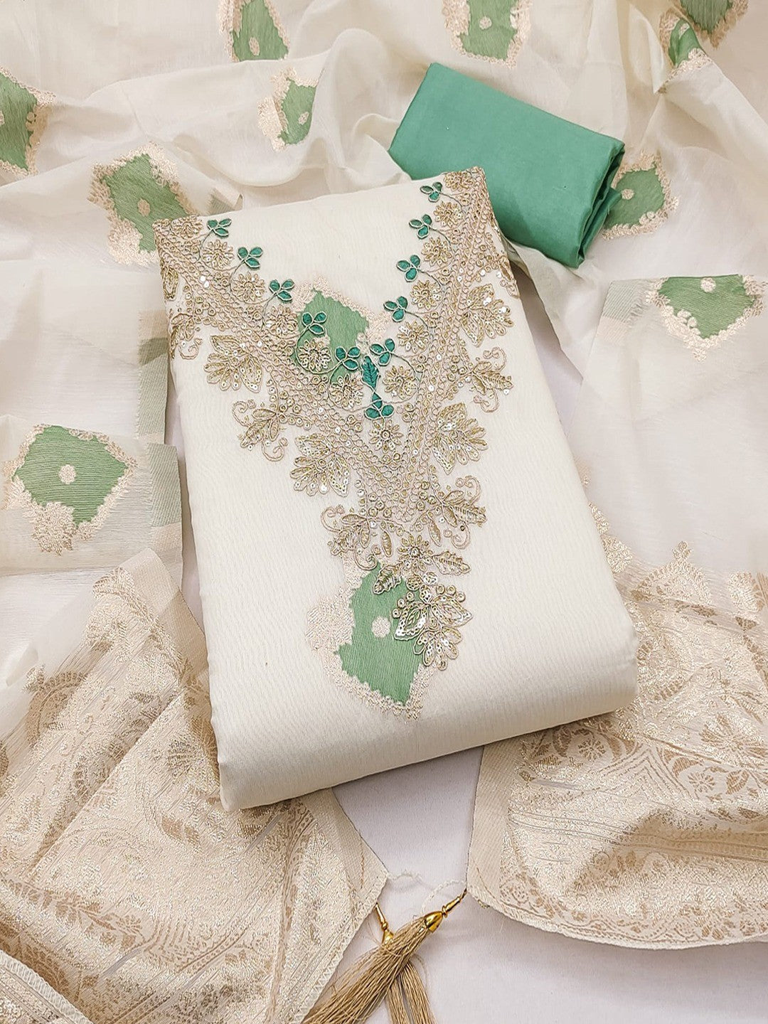 Graceful Cream & Green Floral Woven With Sequins Cording Embroidery Mulmul Cotton Dress Material - Image 1