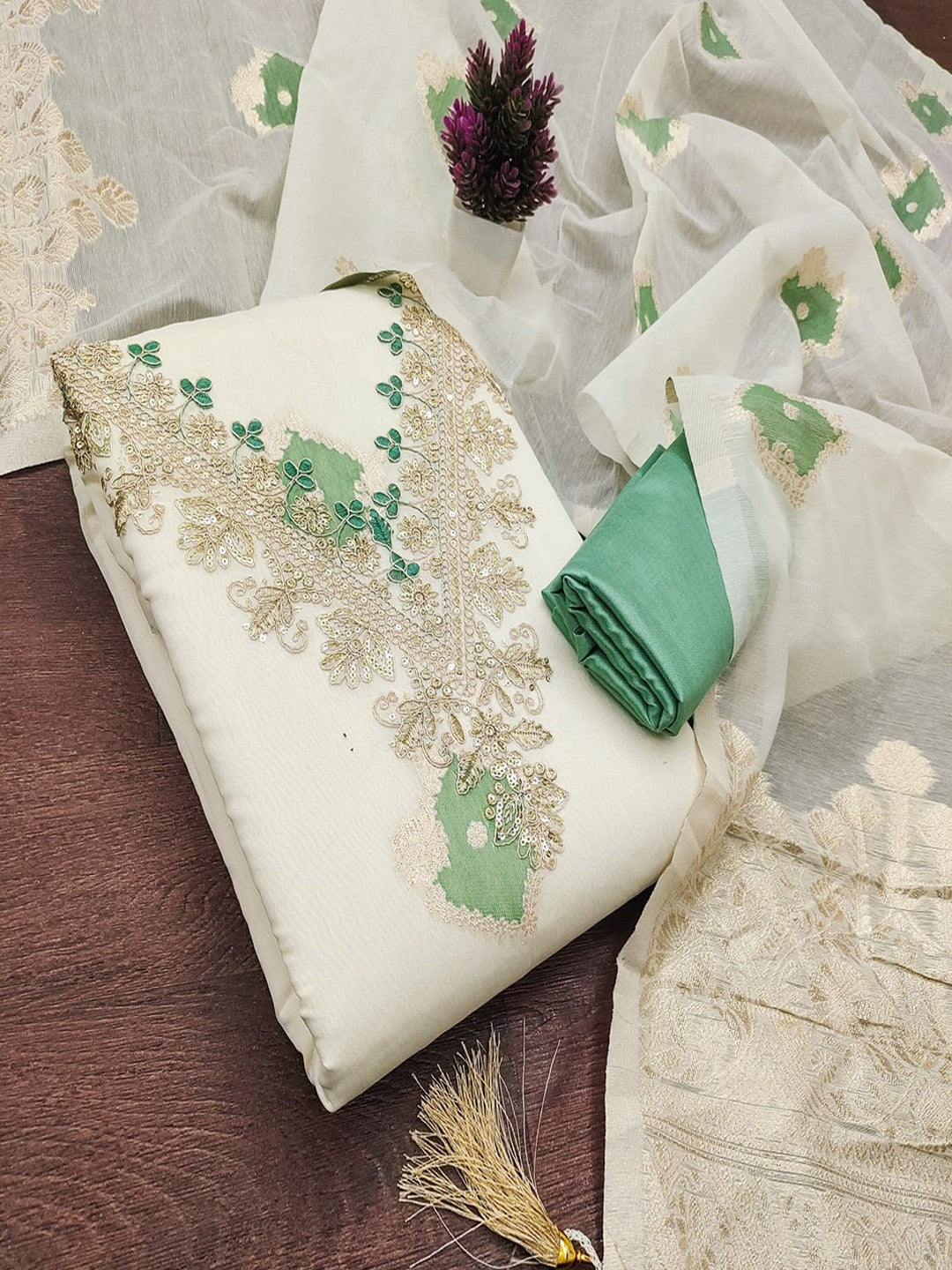 Graceful Cream & Green Floral Woven With Sequins Cording Embroidery Mulmul Cotton Dress Material - Image 5