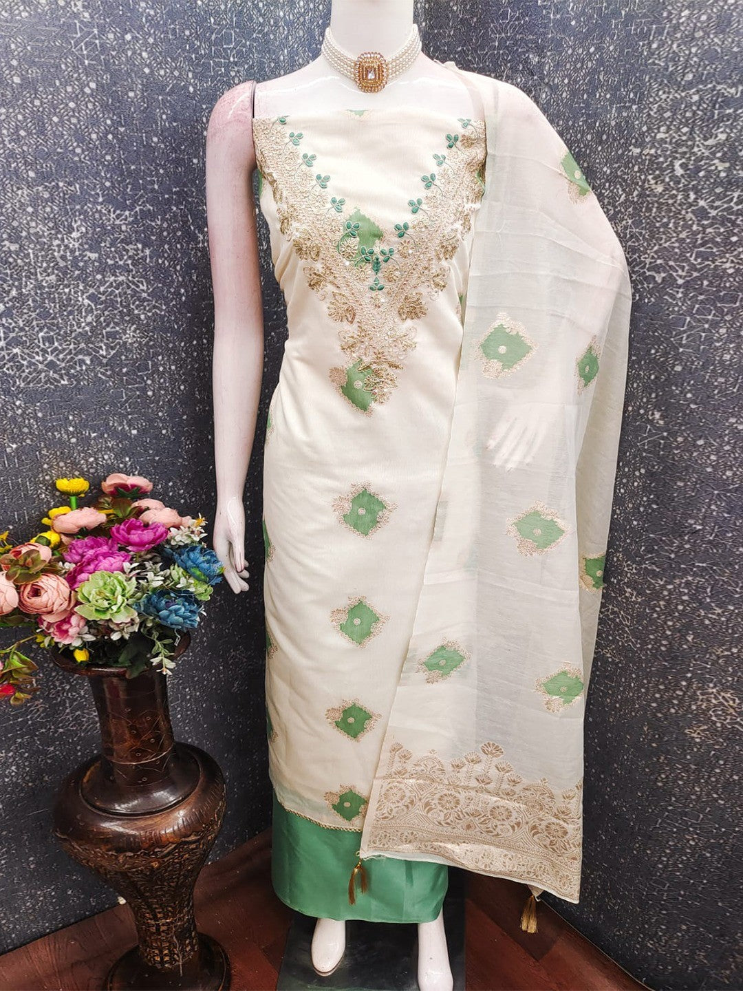 Graceful Cream & Green Floral Woven With Sequins Cording Embroidery Mulmul Cotton Dress Material - Image 6