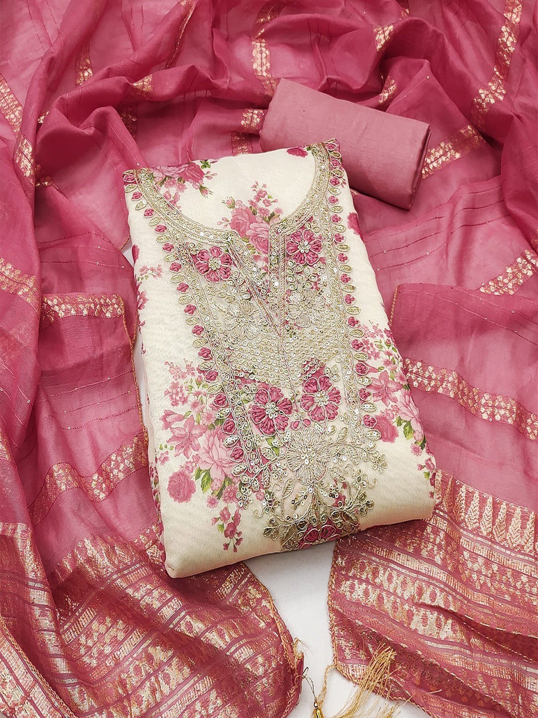 Classic Pink Floral Printed With Cording Embroidered Shimmer Dress Material - Image 4