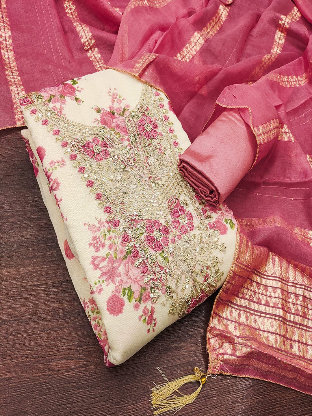 Classic Pink Floral Printed With Cording Embroidered Shimmer Dress Material - Image 1